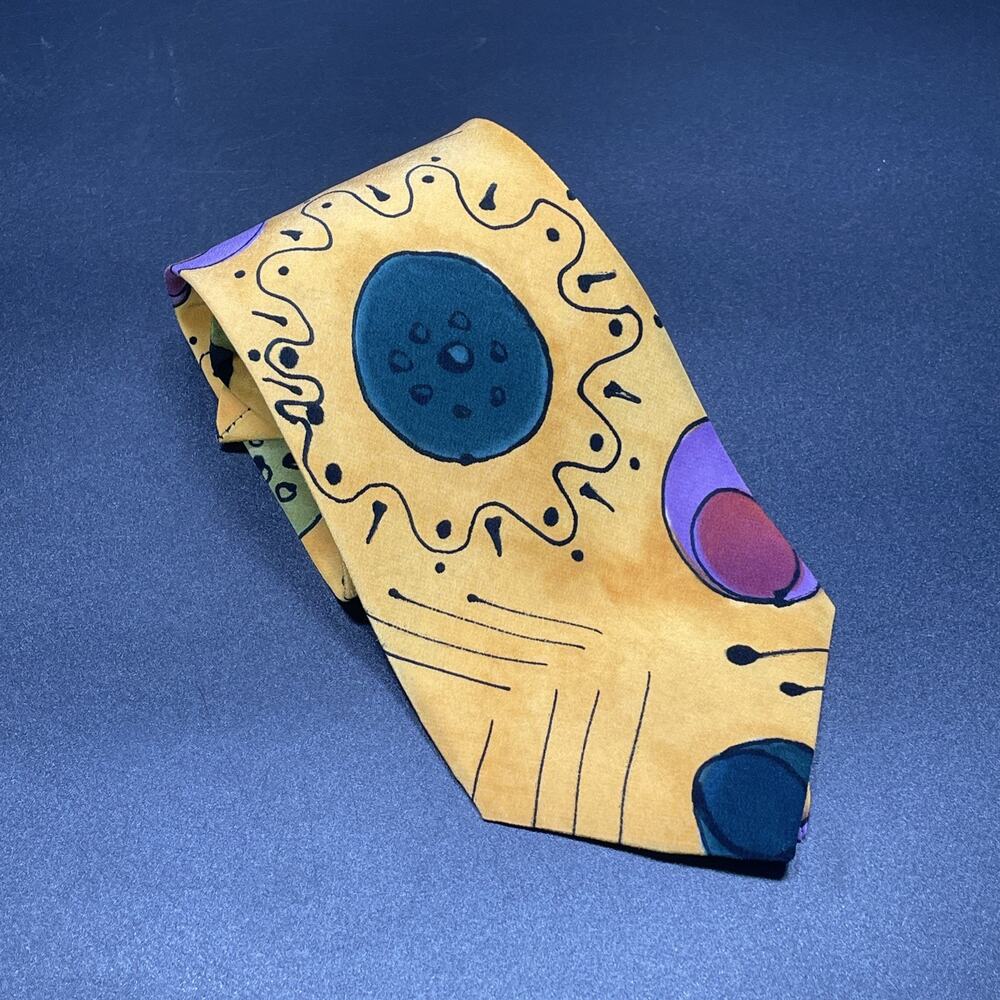 VTG Marienbad Hand Painted Abstract Art Necktie Yellow Purple Memphis Style 3.75